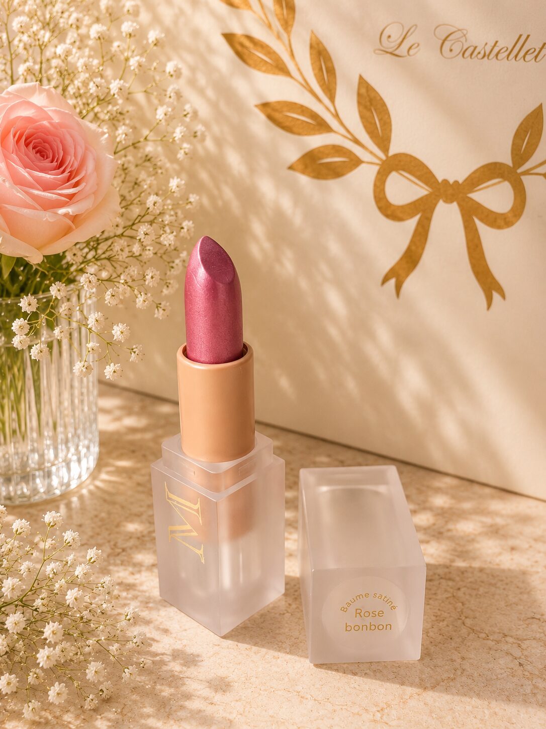 Baume satiné en stick - Rose Bonbon  <br>Soin à lèvres teinté